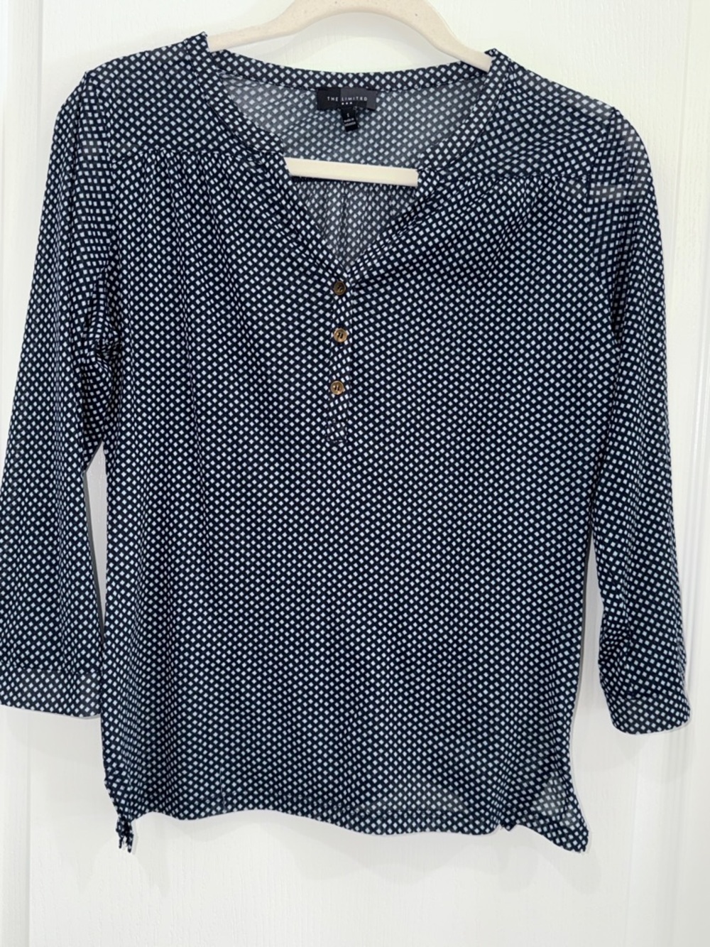 The Limited Navy and White Polka Dot sheer 3/4 Blouse size small y2k - Picture 1 of 6